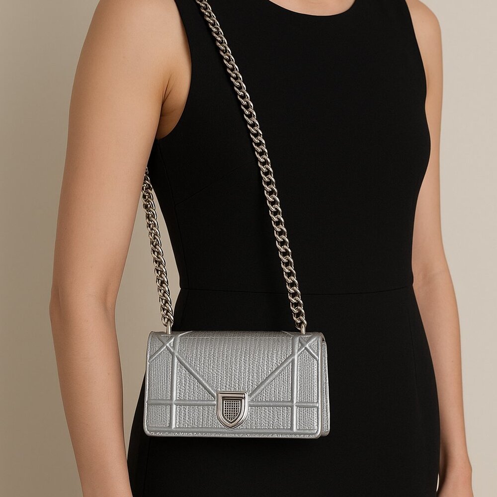 Dior metallic silver micro cannage leather Mini Diorama Shoulder bag